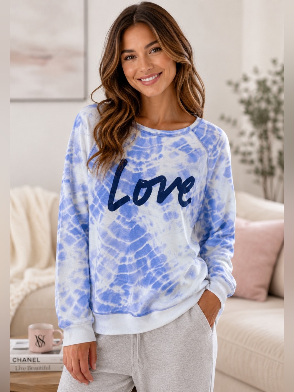 Victorias Secret White & Blue Tie Dye “Love” Cozy Sweatshirt Size Small